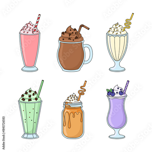 Colorful milkshakes and smoothies with whipped cream