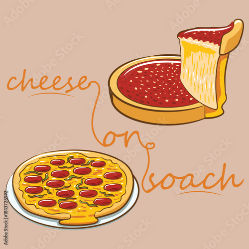 Cheese on Toast" Funny Cartoon Pizza and Deep Dish Illustration Vector