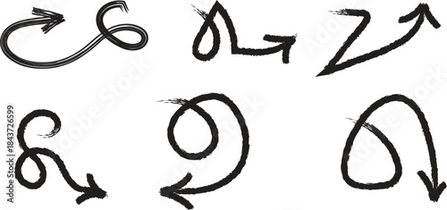 A collection of six hand drawn arrows and swirls in black on a white background