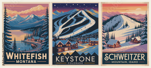 Retro-style triptych showcasing Whitefish, Keystone, and Schweitzer with snow-covered mountains, cabins, ski slopes, and dramatic skies.