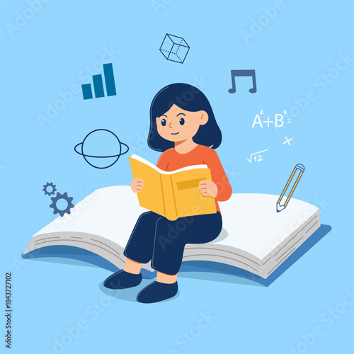 Reading and learning concept. Young girl sitting and reading a large book. Vector illustration