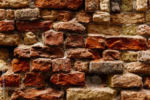 Texture of ancient weathered red and brown brick wall