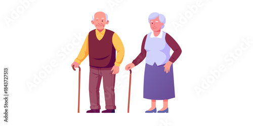 An illustration of an elderly couple standing side by side with walking canes