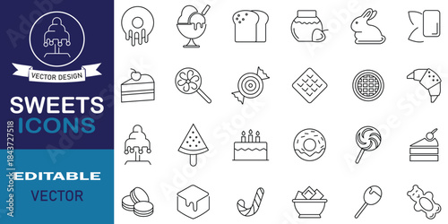 Sweets food outline icon set. Included icons as ice cream, candy, jelly, chocolate, caramel, sugar, cake, cookie, cupcake, lollipop and more symbol collection. Vector illustration.
