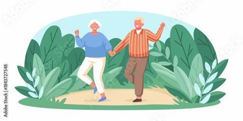 Joyful elderly couple dancing together in a lush green outdoor setting