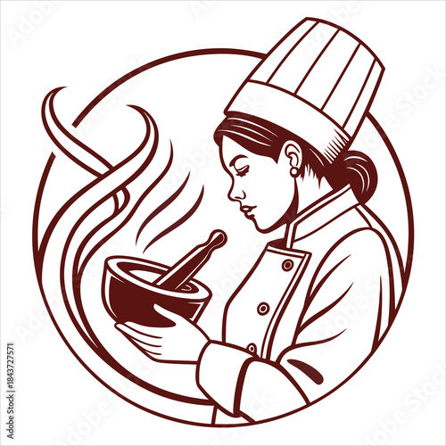 Vector drawing cartoon illustration of a chef person cook worker holding a spoon and knife