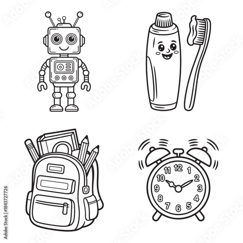 Morning Routine Icon Set with Robot, Toothbrush, Backpack, and Alarm Clock