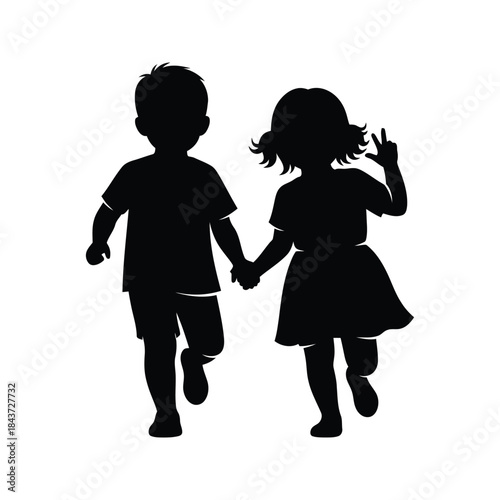 Silhouette of a boy and a girl holding hands and running together happily
