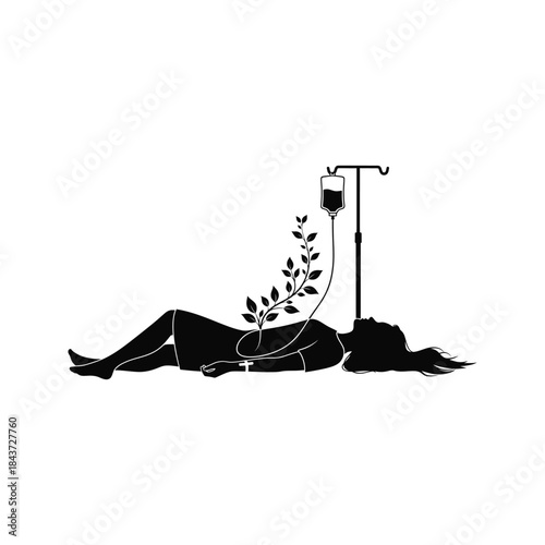 Silhouette of a person receiving life support from a plant growing from an iv drip