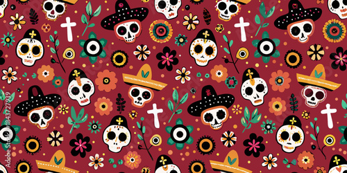 Colorful day of the dead skulls flowers and traditional hats pattern