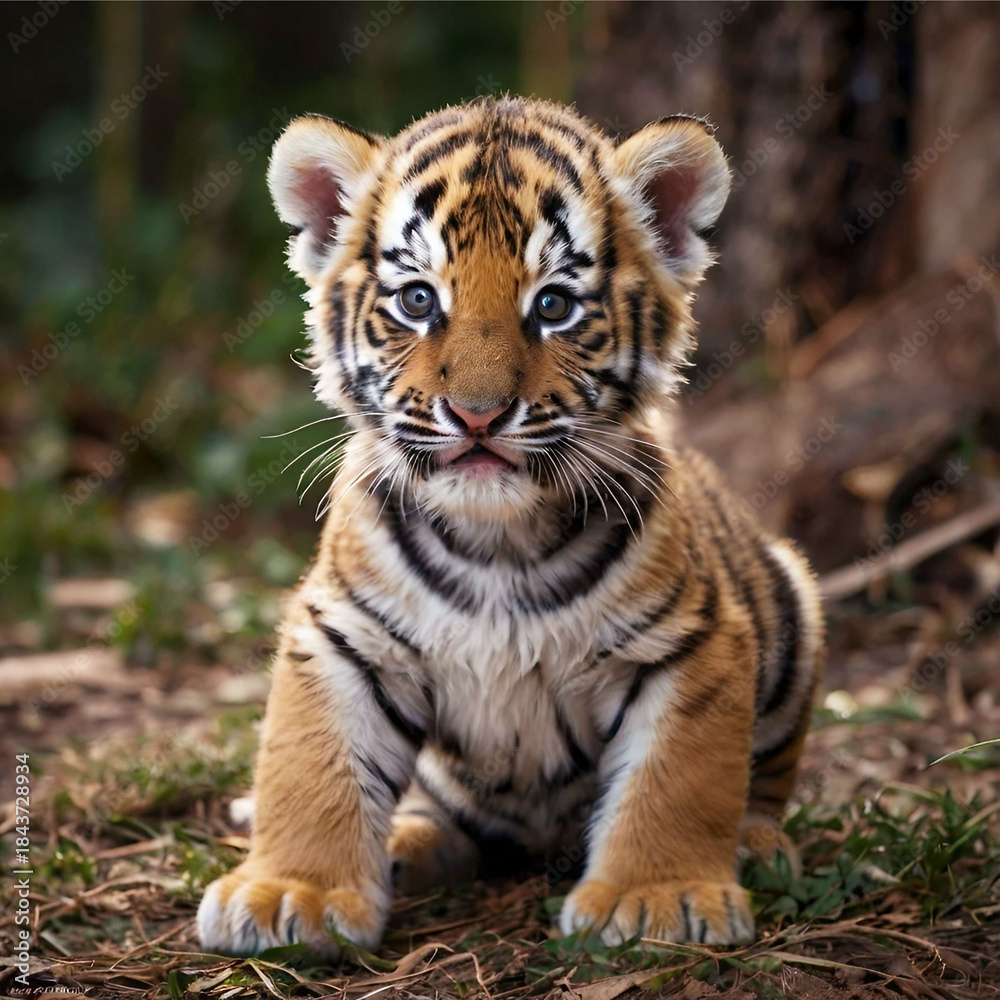 Obraz premium Adorable Tiger Cub Posing in Nature