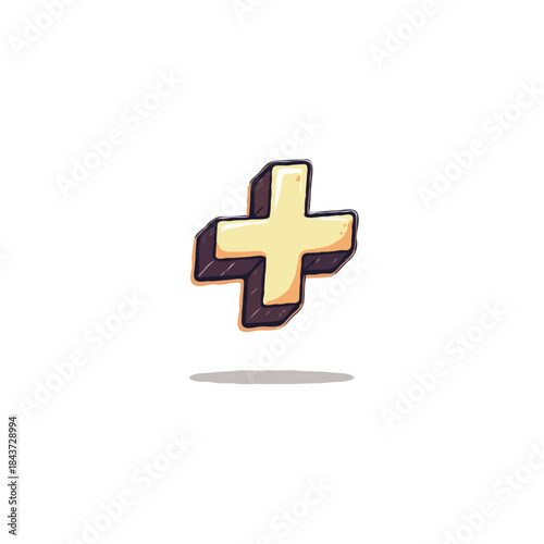 Dimensional plus sign illustration imparting additive concept alongside artistic character