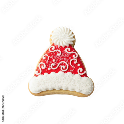 A decorative Santa hat shaped cookie with red and white icing and sprinkles, isolated on a black background. Perfect for holiday promotions, cards, and festive designs.