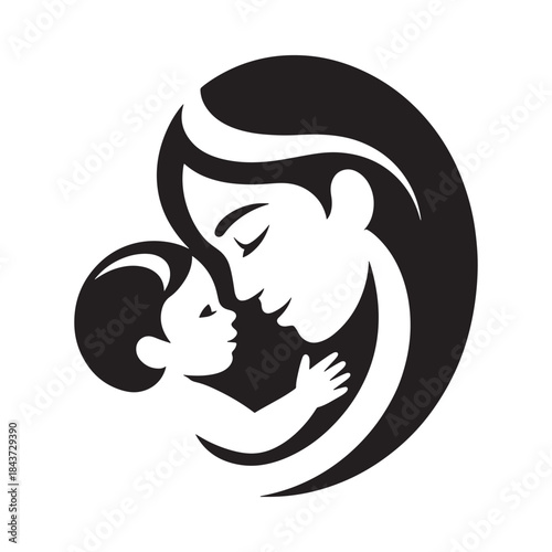 A loving mother holding her baby in a simple black and white design