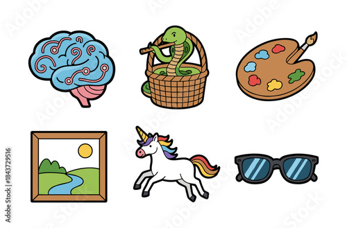 Creative pursuits and imagination flat cartoon icons set