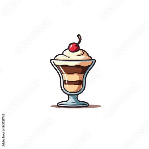 Sweet temptation cartoon sundae illustration featuring creamy layers and a vibrant cherry for