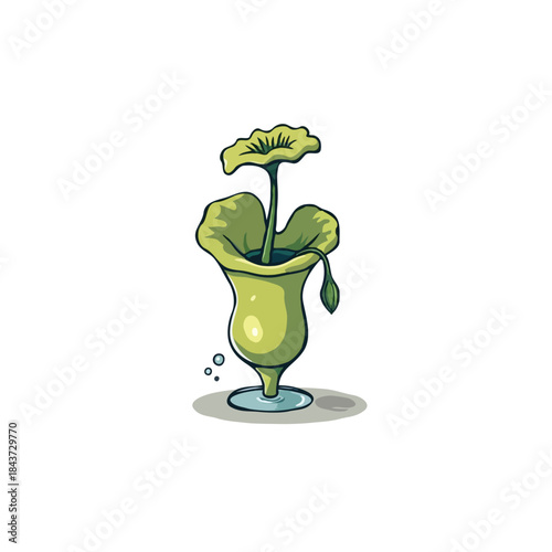 Unconventional pitcher plant illustration in a stemmed glass depicting an alien botanical specimen