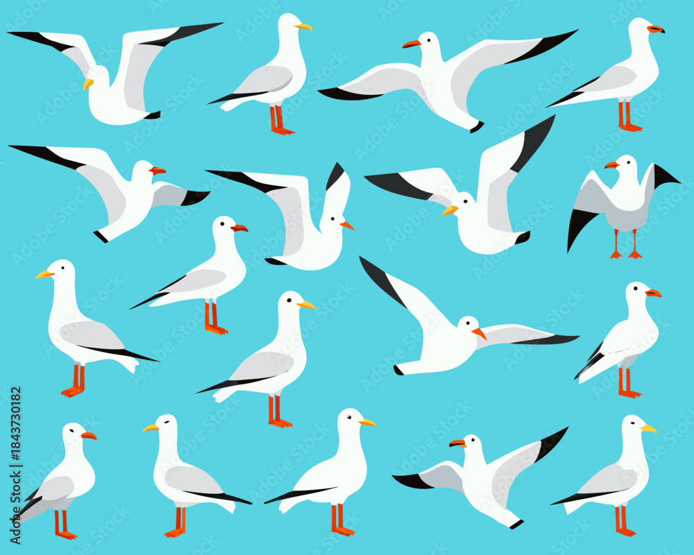 Fototapeta premium Collection of stylized seagulls in various poses against a blue background