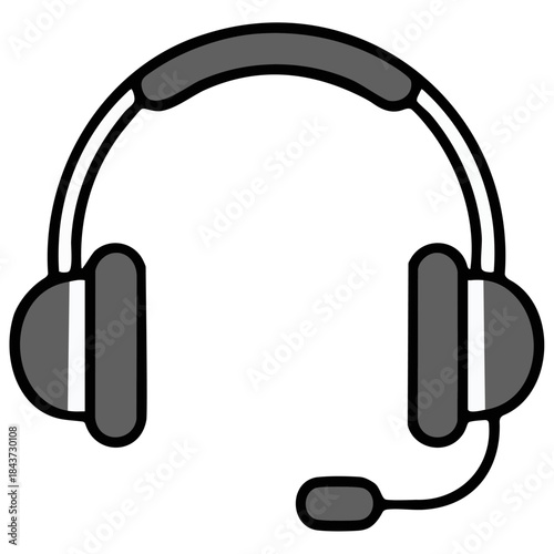 黒とグレーのヘッドセットが通話待機するアイコン風イラスト。カチッとした形と、なめらかなつや消し感が希望と信頼を演出し、案内や相談窓口などの場面に使いやすい一枚です。