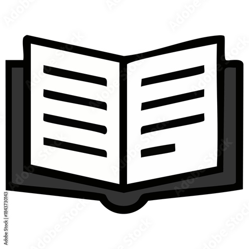 黒い表紙の開いた本をシンプルに描いたアイコン。さらりとなめらかな形が、希望と成長を感じる学びの雰囲気を演出し、教材紹介や学習サービスの案内に馴染みます。
