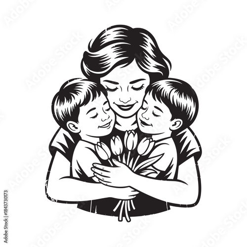 A loving mother embracing her two children with a bouquet of tulips