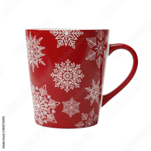 A bright red ceramic mug adorned with white snowflake patterns is isolated on a solid black background, evoking a cozy winter or holiday feel.