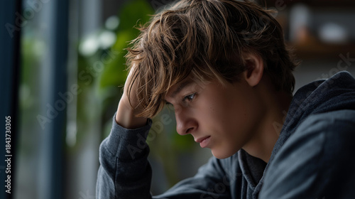 Faceless sad teen near window contemplating, melancholic youth by glass, depressed teenager indoors, emotional distress moment, mental health struggle, defocused young person, with copy space
