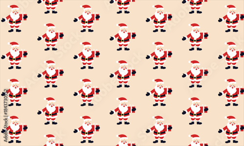 Seamless Christmas and New Year pattern with Santa Claus holding gift box on pastel background, festive wrapping paper design
