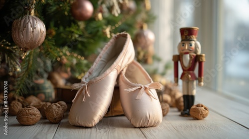 Pair of Pale Pink Pointe Shoes Resting Under a Christmas Tree With a Nutcracker Soldier, Velvet Ribbon Details, and Festive Decor for Holiday Ballet Themed Stock Photo
