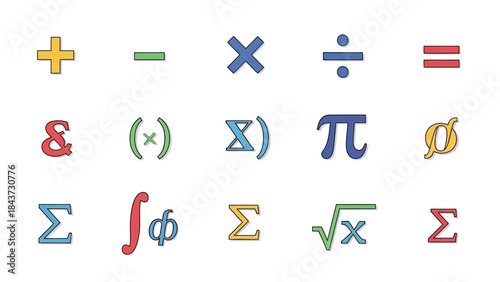 Colorful Mathematical Symbols and Operations Vector Icon Set on White Background