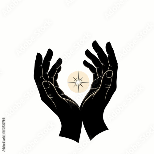 Hands holding a compass rose silhouette isolated on white background