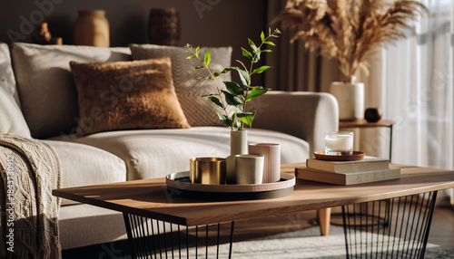 salon moderne et chaleureux avec table basse en bois et décoration naturelle