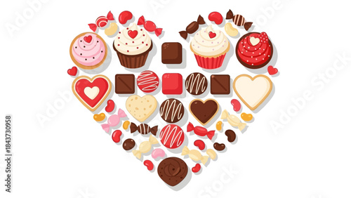 Festive arrangement of various confectionery items forming a loving heart shape illustration