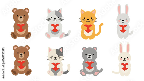 Sweet illustrated animal characters with whiskers holding red hearts for love