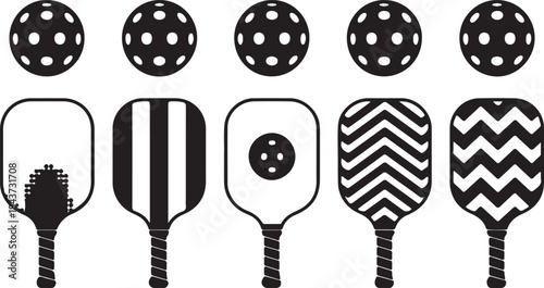 Black and White Pickleball Paddles and Balls with Patterns on White Background sport game
