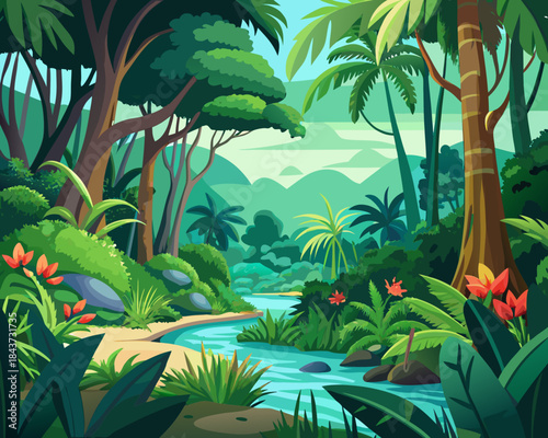 Jungle landscape with river illustration Vector