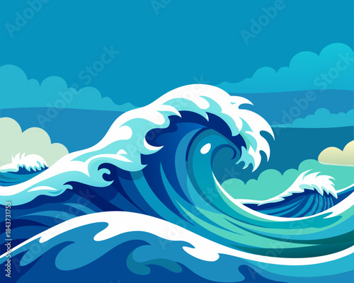 Wave breaking in blue ocean water Vector