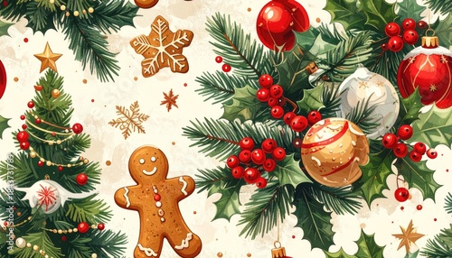 Seamless Watercolor Pattern of Festive Christmas Elements.