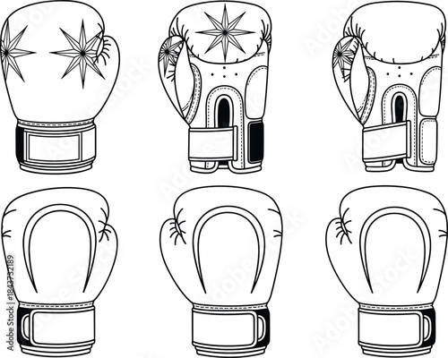 Line Art Vector Outline of Various Traditional Boxing and Sparring Gloves with Star Emblems and Wrist Straps, for Sports Graphics.