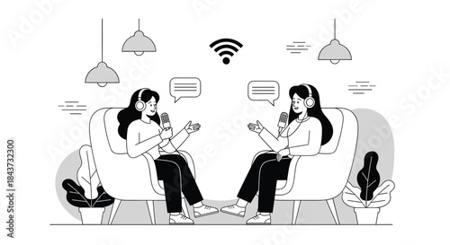 Two women with headphones and microphones having a conversation for a podcast or interview, in black and white line art.