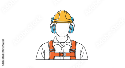 A faceless industrial worker wearing essential personal protective equipment including a hard hat, earmuffs, and a harness.
