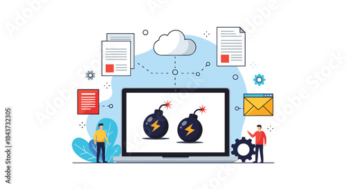 A conceptual illustration of a cyberattack or malware infection with bombs on a laptop screen and data transfer to a cloud.