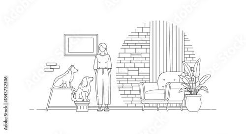 A woman in a modern loft-style room with a brick wall looking at dog sculptures in a black and white line art style.