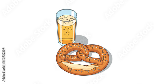 An isometric illustration of a fresh German pretzel with salt and a tall glass of cold, bubbly beer for Oktoberfest.