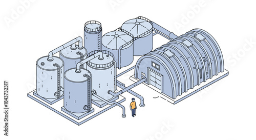 An isometric line drawing of a biogas plant or industrial facility with storage tanks, pipes, and a main building.