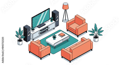 An isometric illustration of a cozy and modern living room interior with a sofa, armchairs, television, and plants.