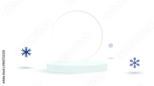 Minimalist 3D winter product display with a light blue cylindrical pedestal podium and a clear circular frame on a white background, accented by floating blue snowflakes for a serene holiday promotion