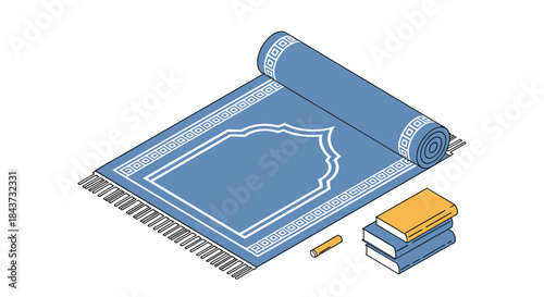 An isometric illustration of a blue Islamic prayer rug partially unrolled, with a stack of books and chalk beside it.