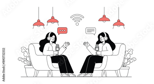 Two women recording a podcast with professional equipment in a stylish studio with a Wi-Fi symbol above their heads.
