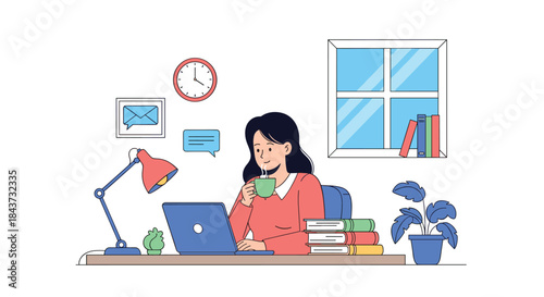 A young woman enjoying a cup of coffee while working or studying on her laptop at a comfortable and organized desk.